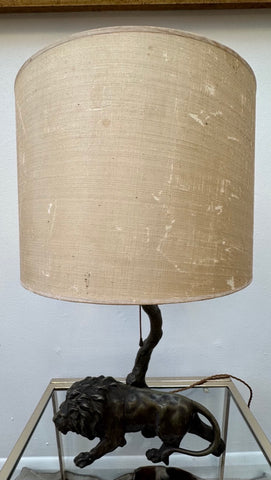 Antique Spelter Prowling Lion Tree Table Lamp Inc Shade, 1900s