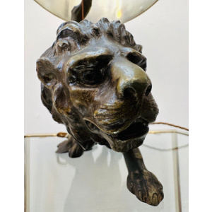 Antique Spelter Prowling Lion Tree Table Lamp Inc Shade, 1900s