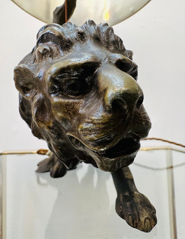 Antique Spelter Prowling Lion Tree Table Lamp Inc Shade, 1900s