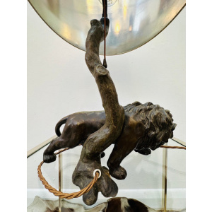 Antique Spelter Prowling Lion Tree Table Lamp Inc Shade, 1900s