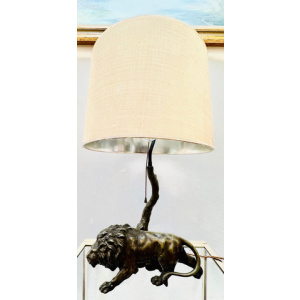 Antique Spelter Prowling Lion Tree Table Lamp Inc Shade, 1900s