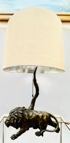 Antique Spelter Prowling Lion Tree Table Lamp Inc Shade, 1900s