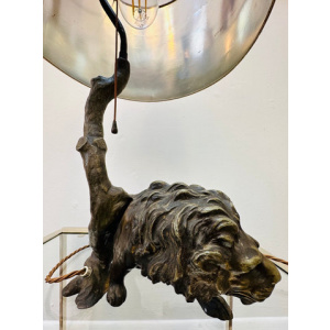 Antique Spelter Prowling Lion Tree Table Lamp Inc Shade, 1900s