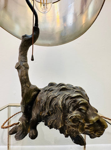 Antique Spelter Prowling Lion Tree Table Lamp Inc Shade, 1900s