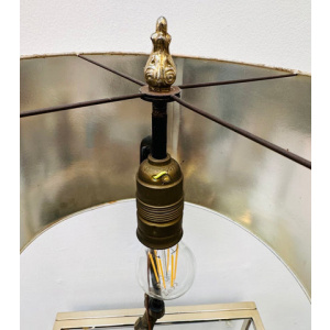 Antique Spelter Prowling Lion Tree Table Lamp Inc Shade, 1900s