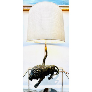 Antique Spelter Prowling Lion Tree Table Lamp Inc Shade, 1900s