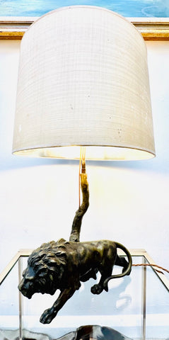 Antique Spelter Prowling Lion Tree Table Lamp Inc Shade, 1900s