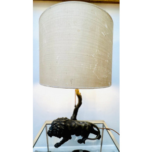 Antique Spelter Prowling Lion Tree Table Lamp Inc Shade, 1900s
