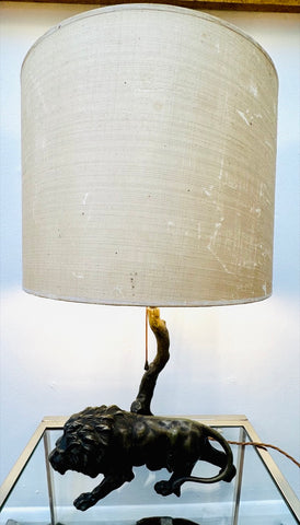 Antique Spelter Prowling Lion Tree Table Lamp Inc Shade, 1900s