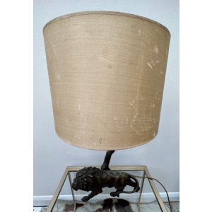 Antique Spelter Prowling Lion Tree Table Lamp Inc Shade, 1900s