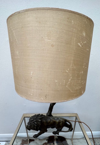 Antique Spelter Prowling Lion Tree Table Lamp Inc Shade, 1900s