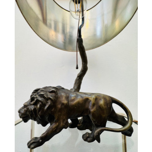 Antique Spelter Prowling Lion Tree Table Lamp Inc Shade, 1900s
