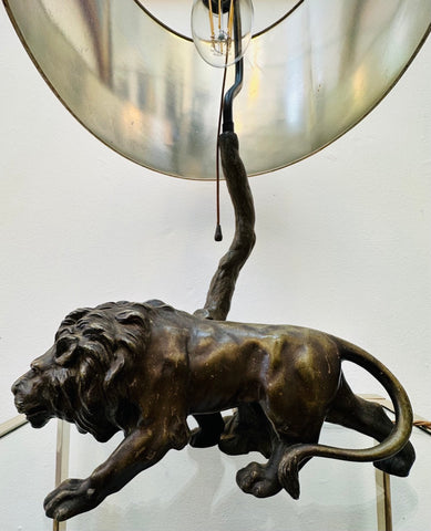 Antique Spelter Prowling Lion Tree Table Lamp Inc Shade, 1900s