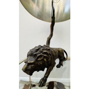 Antique Spelter Prowling Lion Tree Table Lamp Inc Shade, 1900s