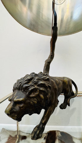 Antique Spelter Prowling Lion Tree Table Lamp Inc Shade, 1900s