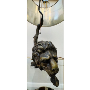 Antique Spelter Prowling Lion Tree Table Lamp Inc Shade, 1900s