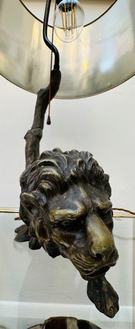 Antique Spelter Prowling Lion Tree Table Lamp Inc Shade, 1900s