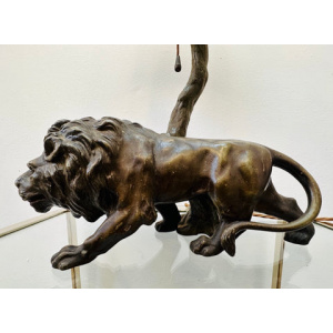 Antique Spelter Prowling Lion Tree Table Lamp Inc Shade, 1900s