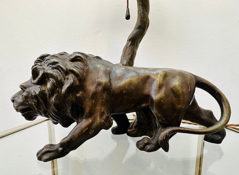 Antique Spelter Prowling Lion Tree Table Lamp Inc Shade, 1900s