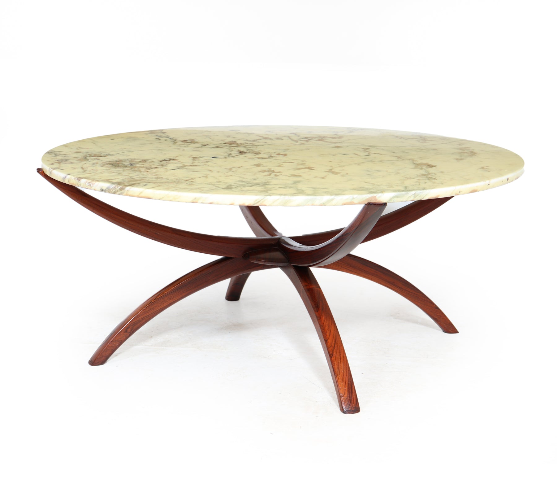 SWEDISH MID CENTURY ROSEWOOD AND MARBLE SPIDER COFFEE TABLE