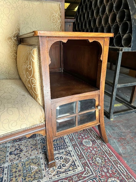 Walnut framed vintage gold upholstered settee, circa 1920