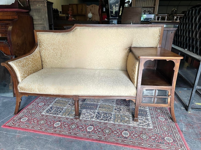 Walnut framed vintage gold upholstered settee, circa 1920