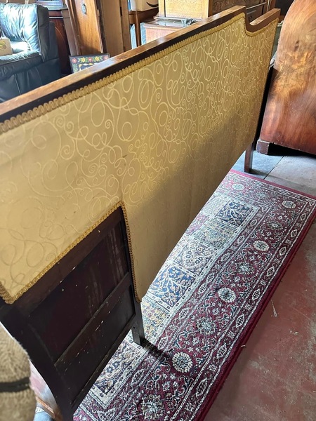 Walnut framed vintage gold upholstered settee, circa 1920