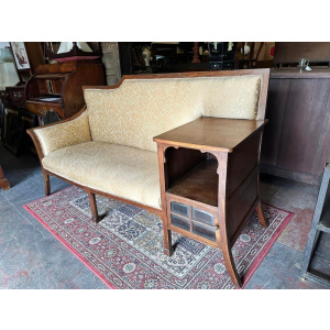 Walnut framed vintage gold upholstered settee, circa 1920