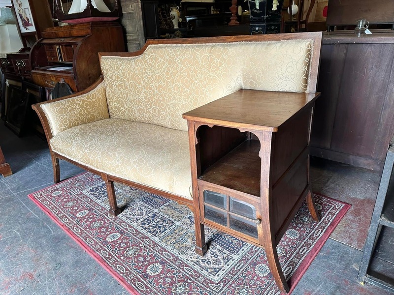 Walnut framed vintage gold upholstered settee, circa 1920