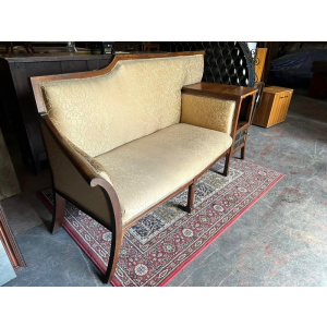 Walnut framed vintage gold upholstered settee, circa 1920