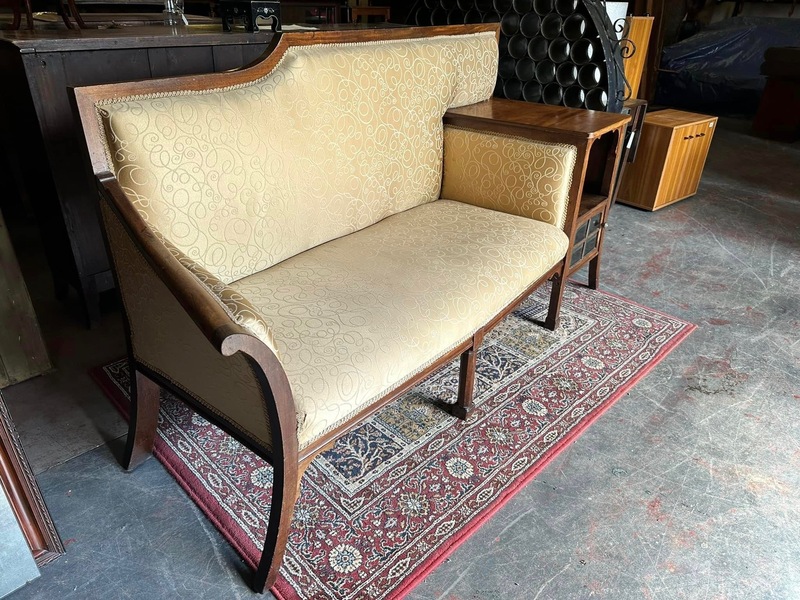 Walnut framed vintage gold upholstered settee, circa 1920