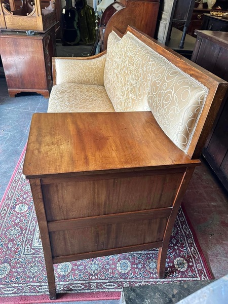 Walnut framed vintage gold upholstered settee, circa 1920