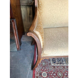 Walnut framed vintage gold upholstered settee, circa 1920