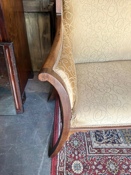 Walnut framed vintage gold upholstered settee, circa 1920