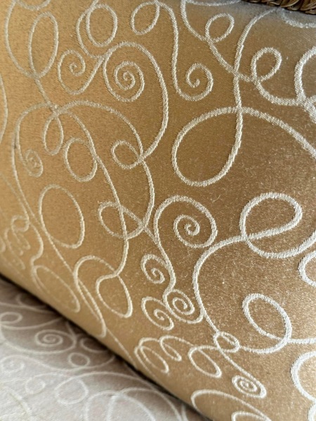 Walnut framed vintage gold upholstered settee, circa 1920