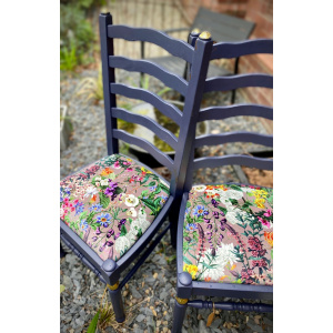 Lavender indoor mid century ladder back floral garden print chairs (pair)