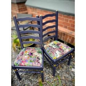 Lavender indoor mid century ladder back floral garden print chairs (pair)