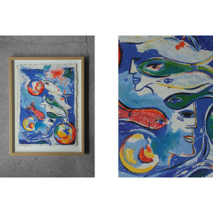 Dagmar Glemme, Composition with fish and faces, Color Lithograph, Framed
