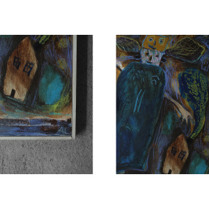 Annemette Lichtenberg, Blå, Brun M/Huse, 1993, Acrylic on Canvas, Framed