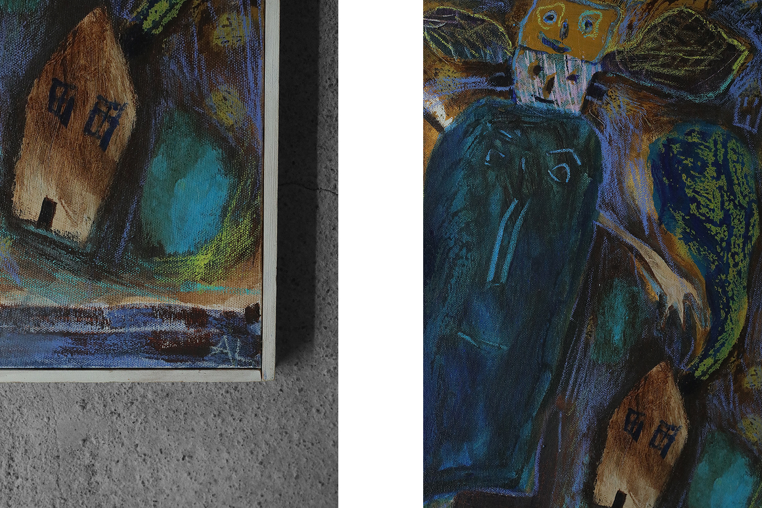 Annemette Lichtenberg, Blå, Brun M/Huse, 1993, Acrylic on Canvas, Framed