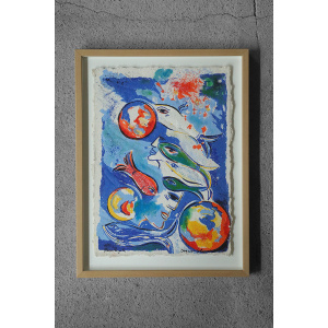 Dagmar Glemme, Composition with fish and faces, Color Lithograph, Framed