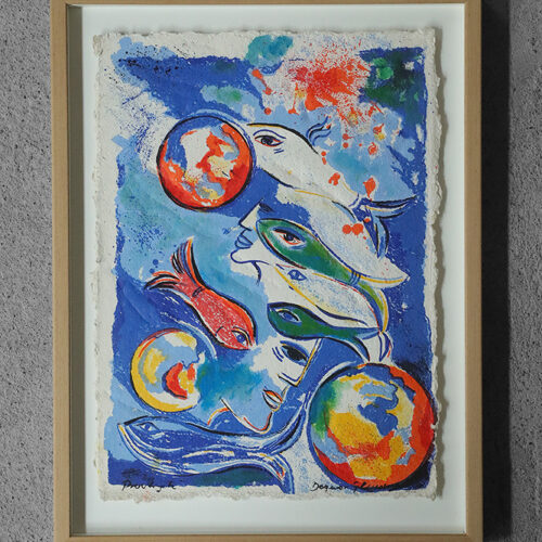 Dagmar Glemme, Composition with fish and faces, Color Lithograph, Framed