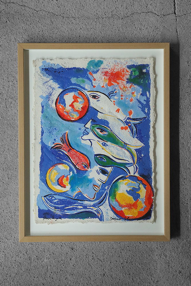Dagmar Glemme, Composition with fish and faces, Color Lithograph, Framed