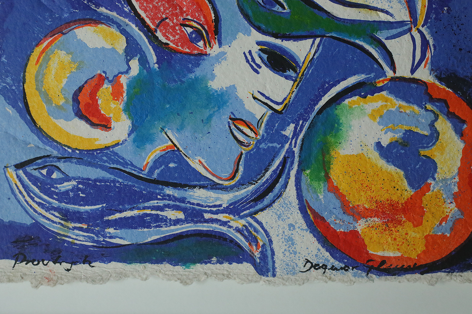 Dagmar Glemme, Composition with fish and faces, Color Lithograph, Framed