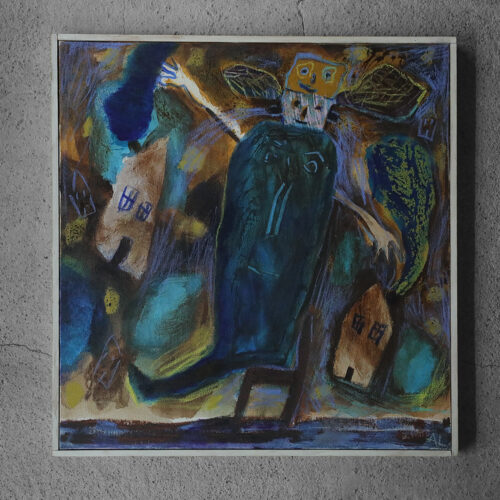 Annemette Lichtenberg, Blå, Brun M/Huse, 1993, Acrylic on Canvas, Framed