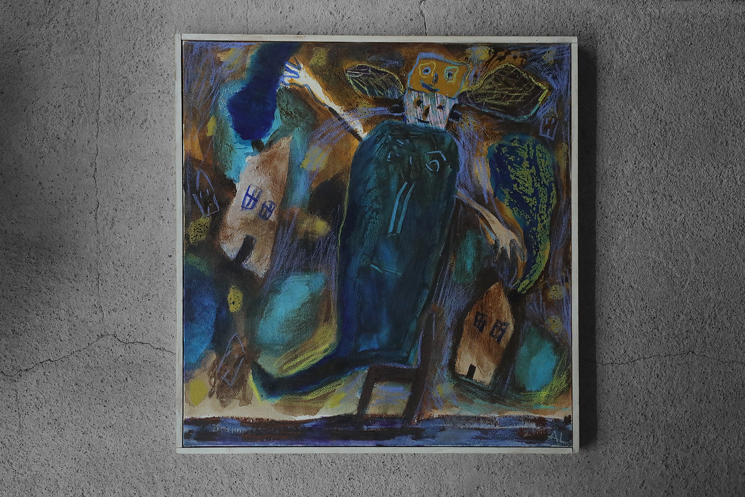 Annemette Lichtenberg, Blå, Brun M/Huse, 1993, Acrylic on Canvas, Framed