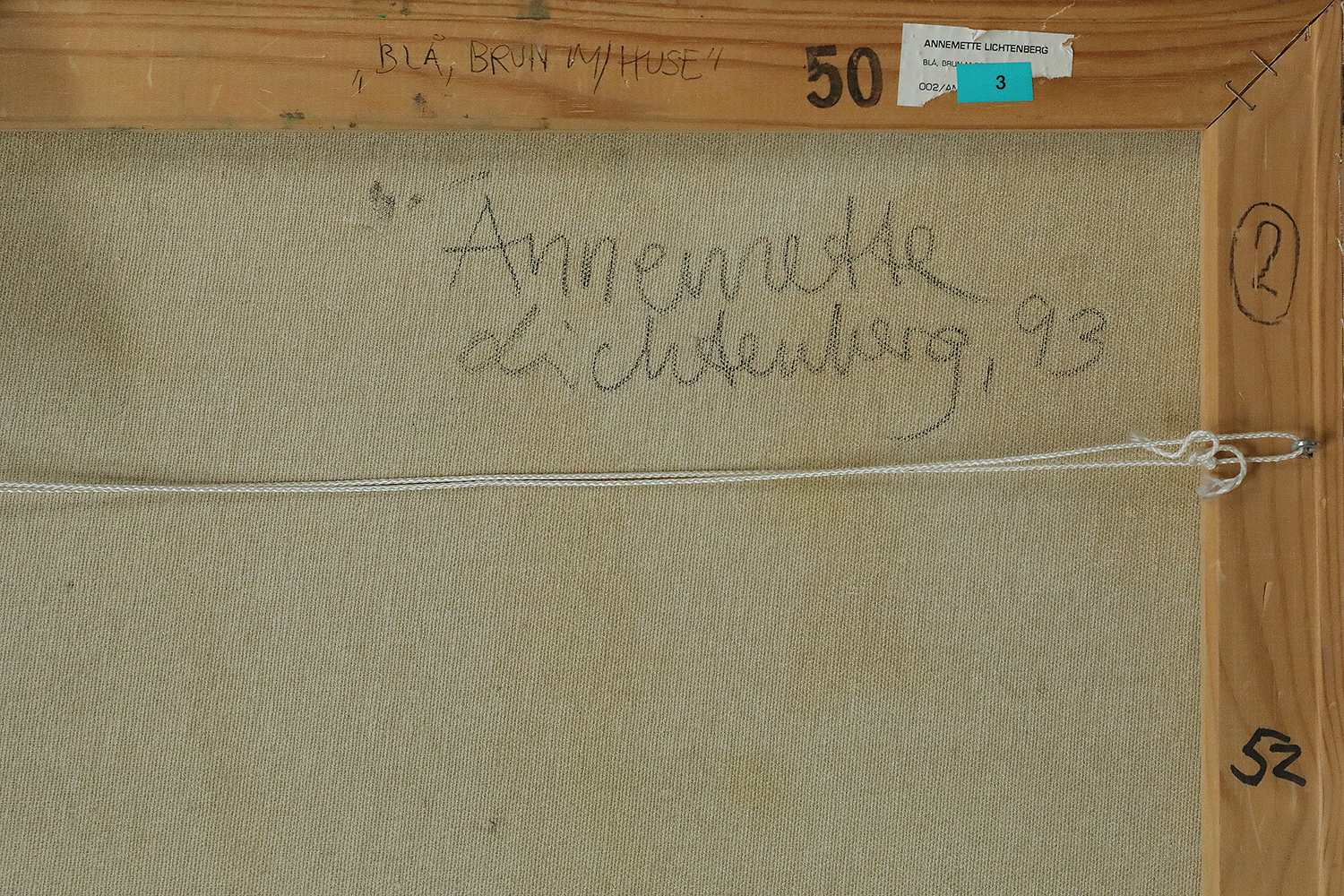 Annemette Lichtenberg, Blå, Brun M/Huse, 1993, Acrylic on Canvas, Framed