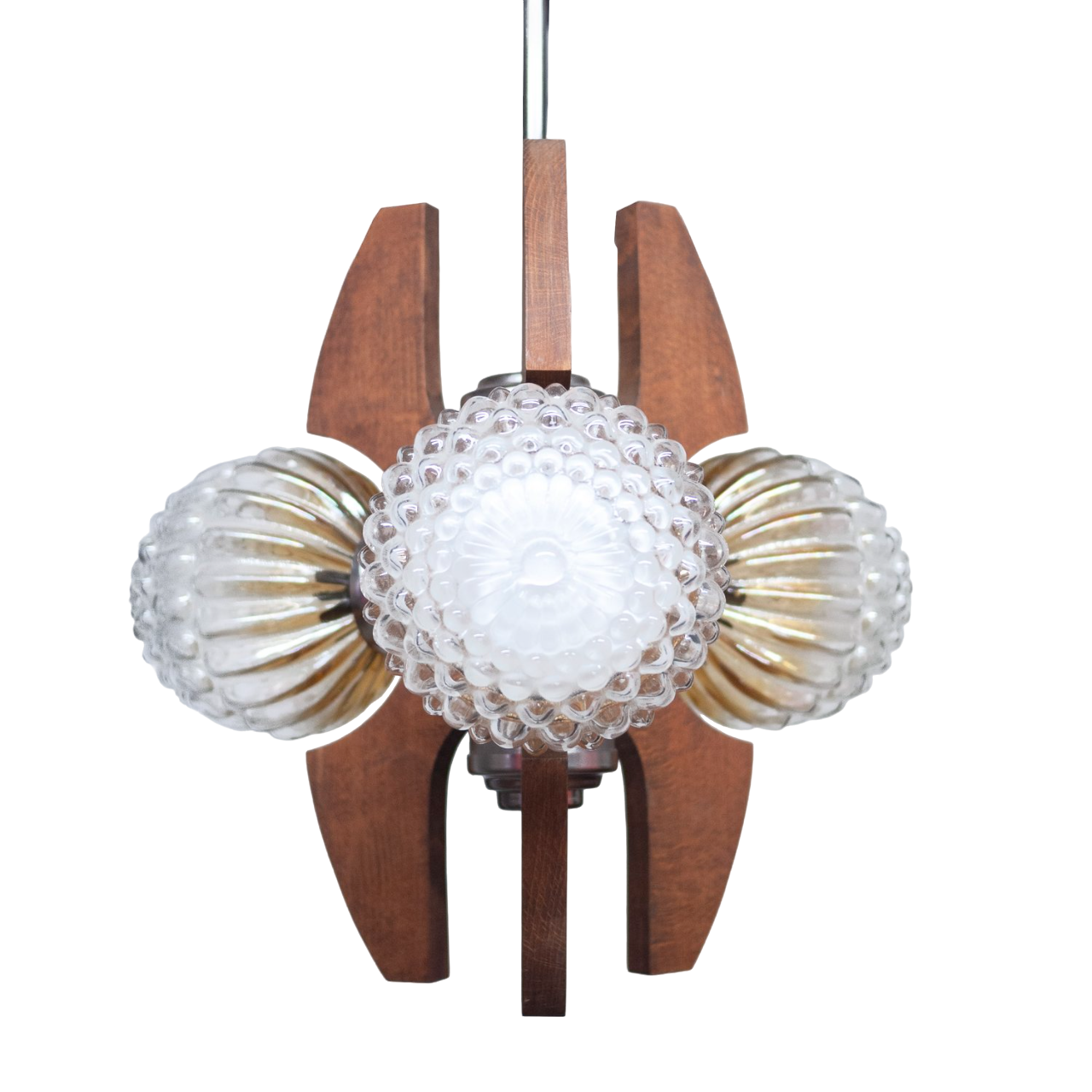 Mid-Century Teak, Metal and Decorative Glass Chandelier, 1970s