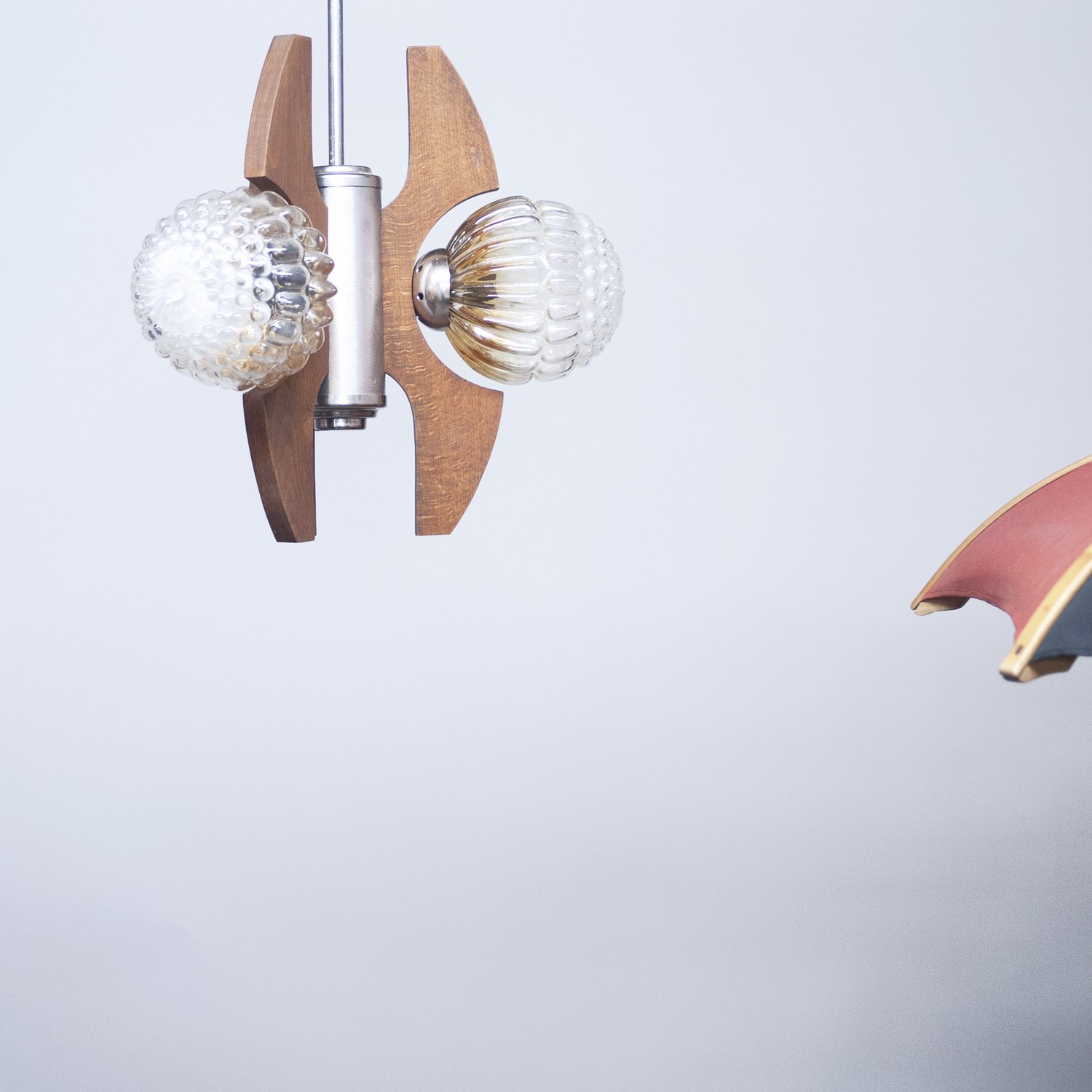 Mid-Century Teak, Metal and Decorative Glass Chandelier, 1970s