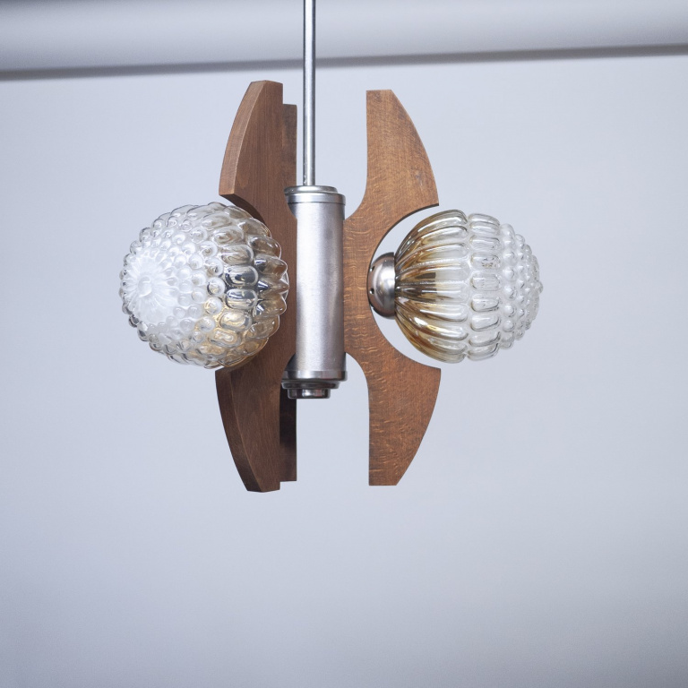 Mid-Century Teak, Metal and Decorative Glass Chandelier, 1970s - Image 4